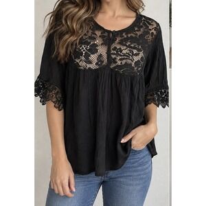 Marisol Blouse Women OS Black Lace Yoke Short Sleeve Gauze Boho Peasant Top